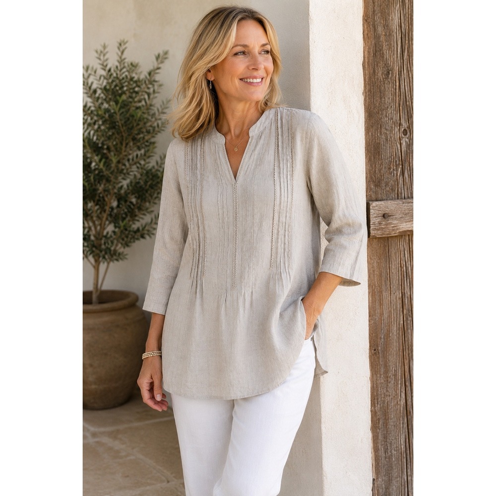 J. Jill 100% Linen Tunic Top MP Medium Petite Beige Pintuck Split Neck Boho